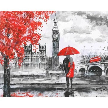 A Couple In London With Umbrella And A Red Tree