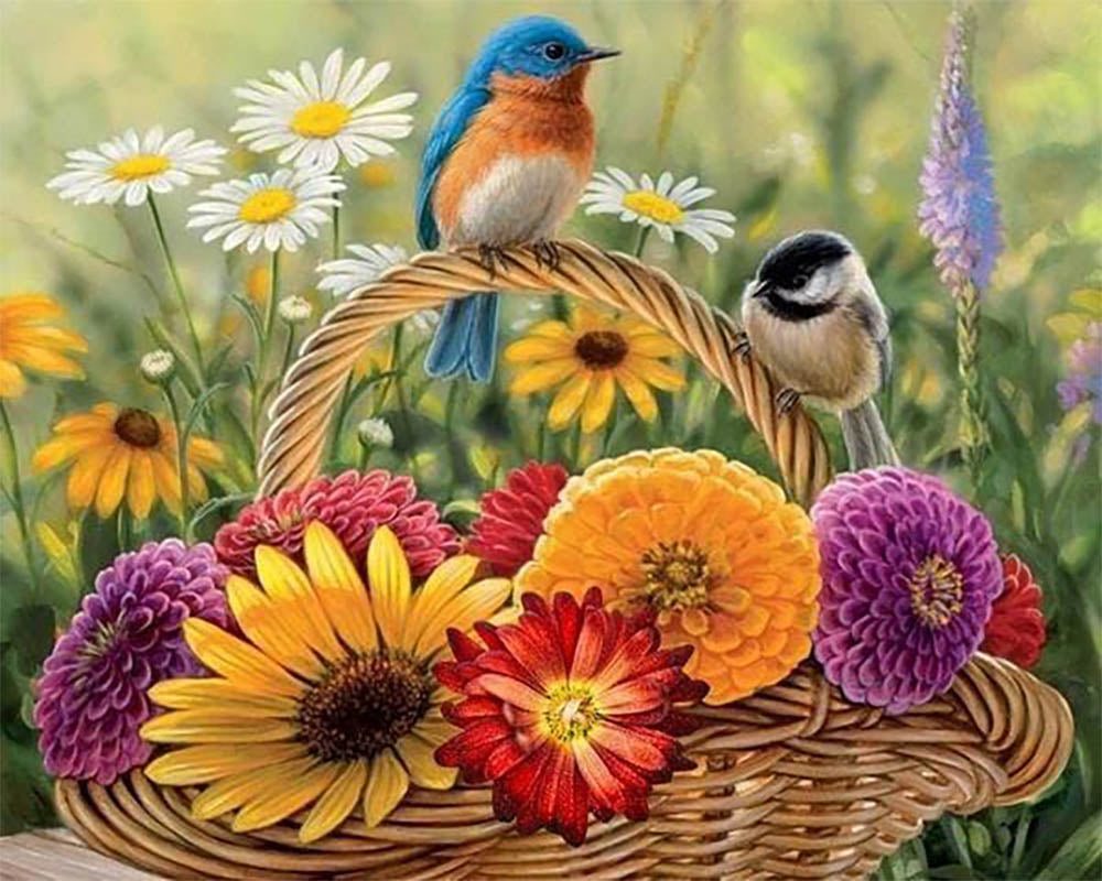 Basket of Flowers and Birds