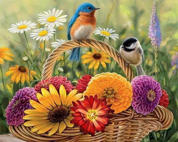 Basket of Flowers and Birds