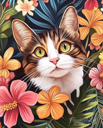 Cat with Tropical Flowers
