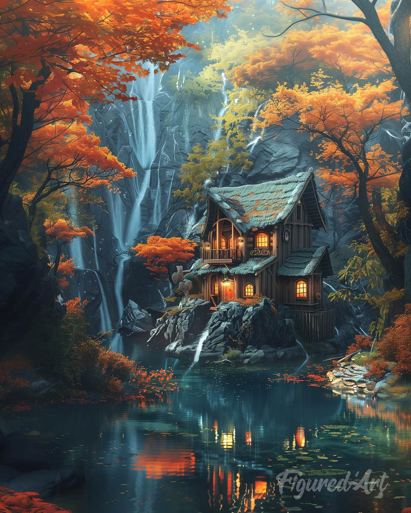 Fall Cabin by Waterfall