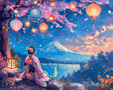 Girl, Lanterns and Mount Fuji