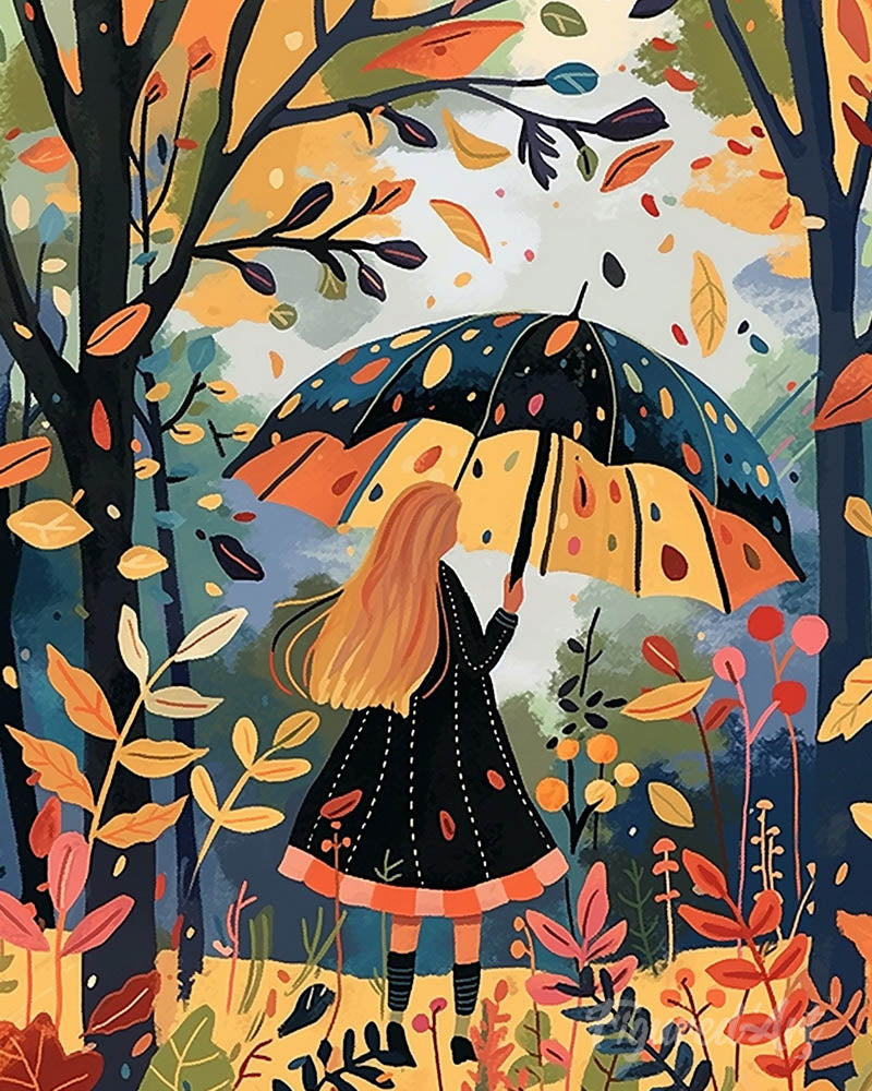 Girl with Umbrella in Fall