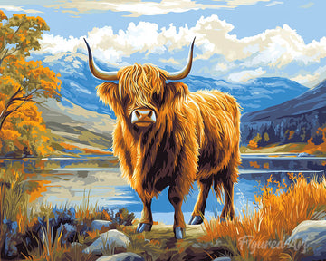 Highland Cow Golden Lakeside