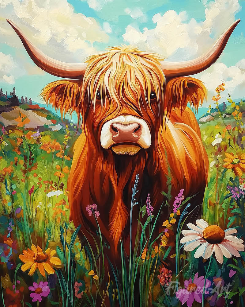 Highland Cow Wildflower Portrait