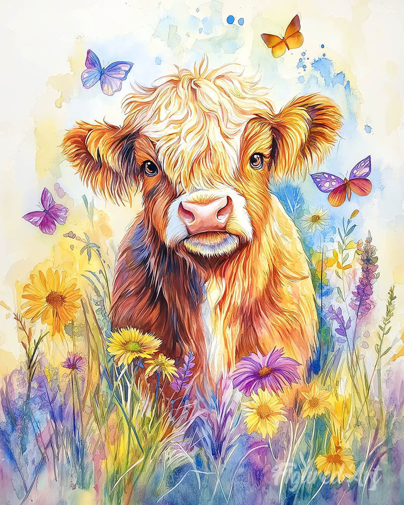 Highland Cow with Butterflies