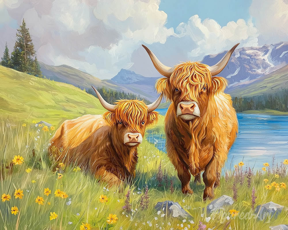 Highland cow Family by the Lake