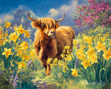 Highland cow and daffodils