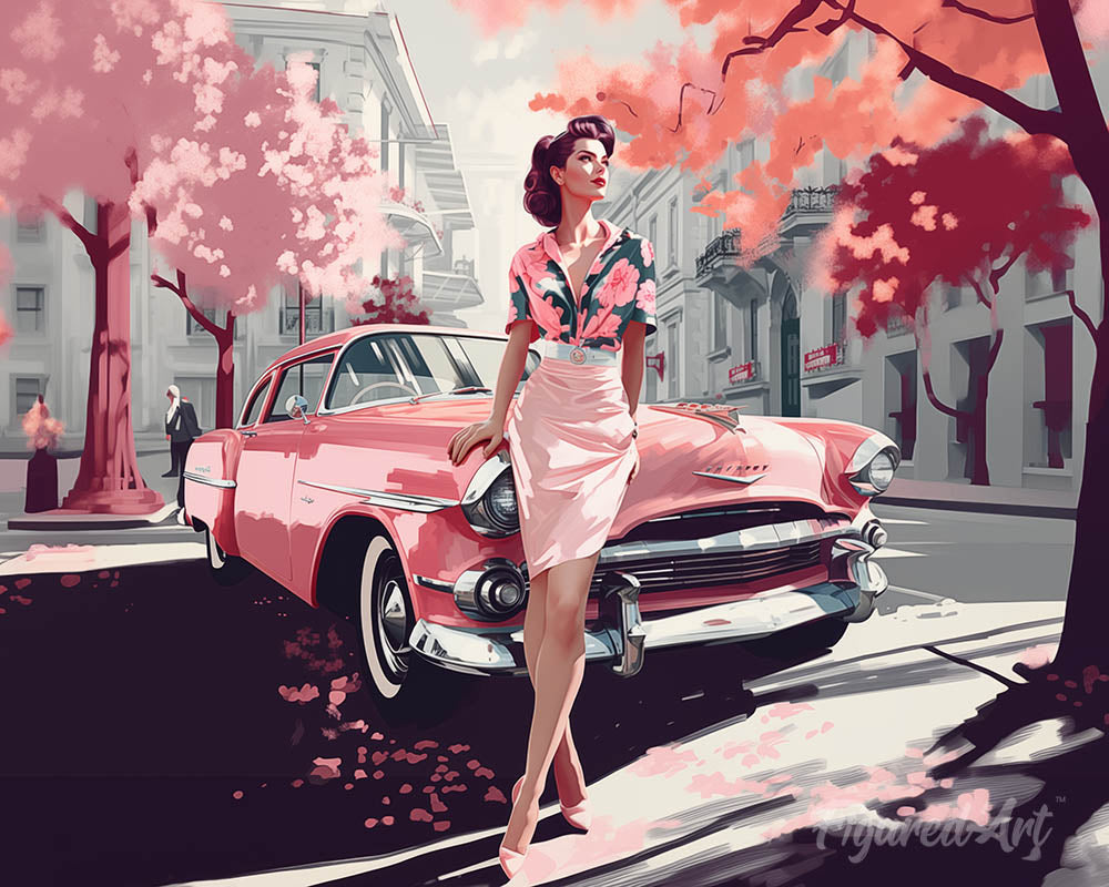Lady and Pink Classic Car