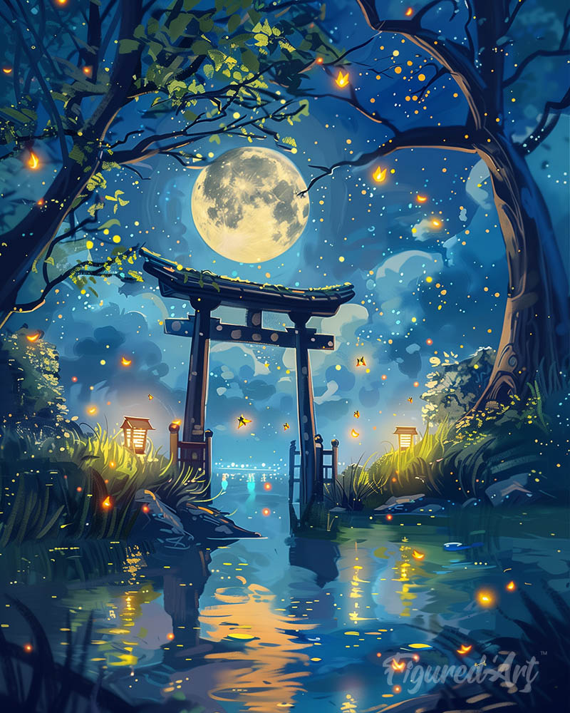 Moonlit Torii and Fireflies
