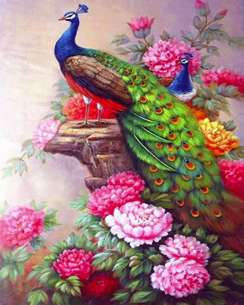 Peacocks and flowers