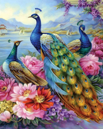 Peacocks and flowers at the lake