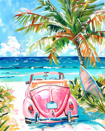 Pink Car by the Sea