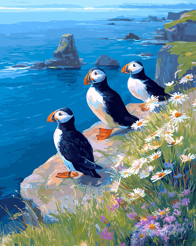 Puffin by the ocean cliffs