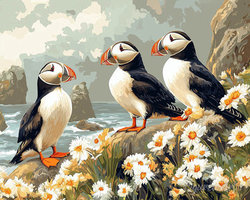 Puffin in daisy field