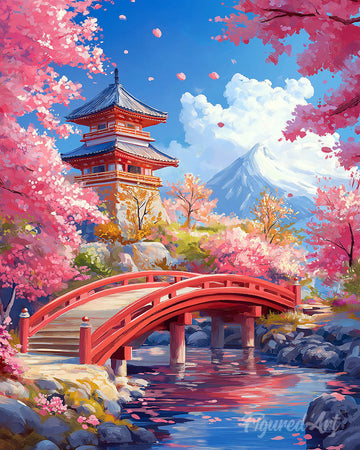 Red Bridge and Cherry Blossoms