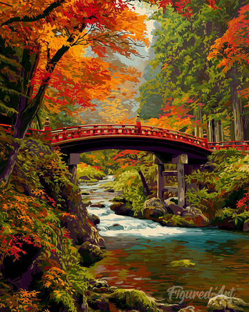 Red Bridge in Japan in Fall