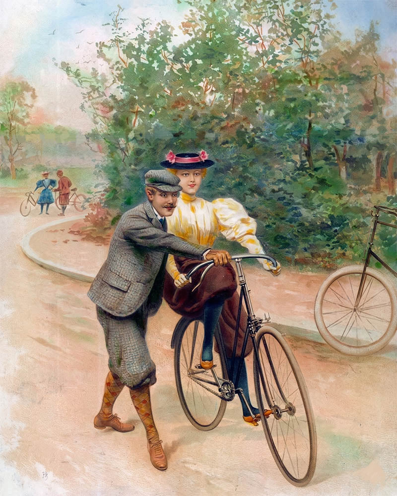 Romantic Bicycle Lesson Vintage Painting
