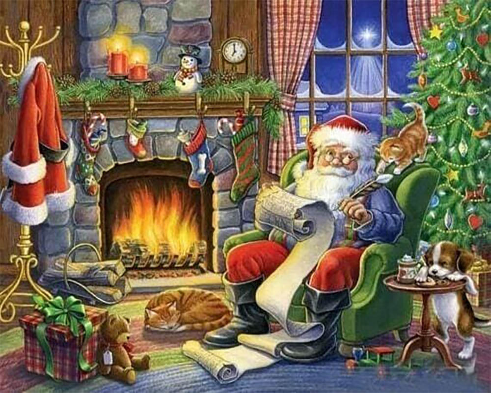 Santa Claus beside the fireplace