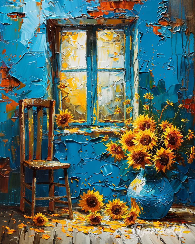 Sunflowers by Blue Window