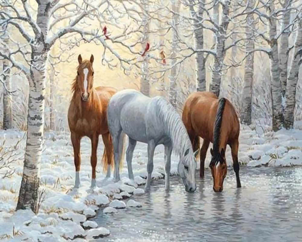 Three Horses in the Snowy Forest