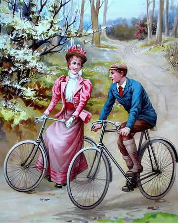 Vintage Couple Cycling Painting