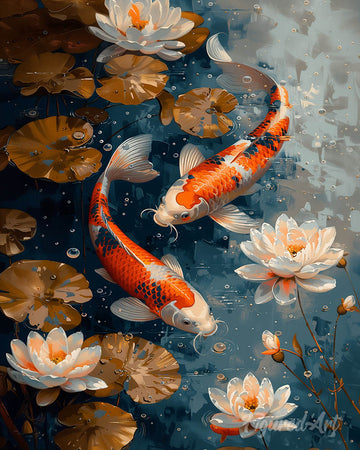 Vintage Koi Carps and Flowers