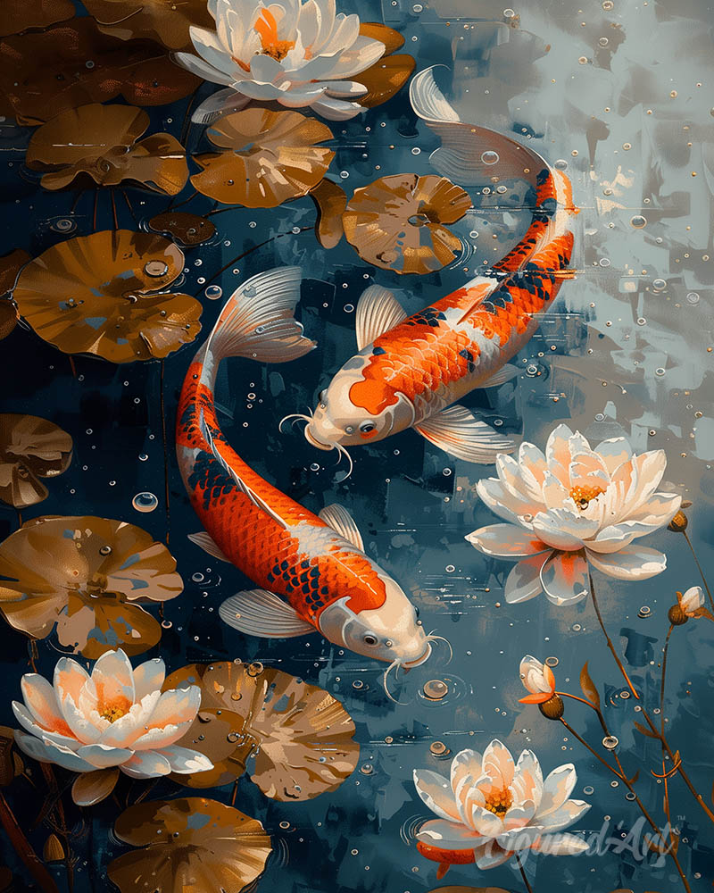 Vintage Koi Carps and Flowers