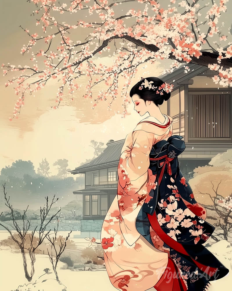 Vintage Winter Geisha Scene