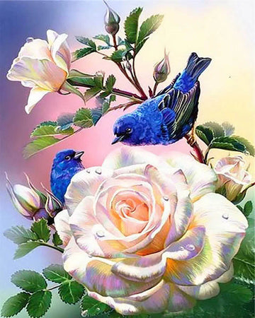 White flowers and blue birds