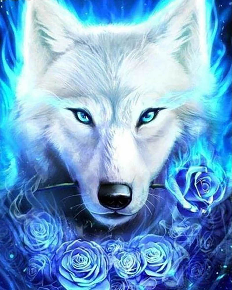 Wolf and Blue Roses