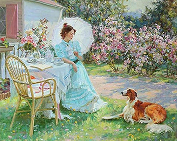 Woman and her Dog in the Garden