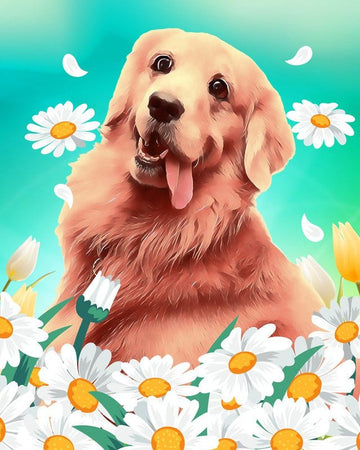 Golden retriever and daisies