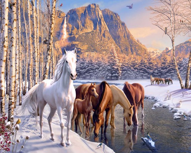 Horses during winter near the river