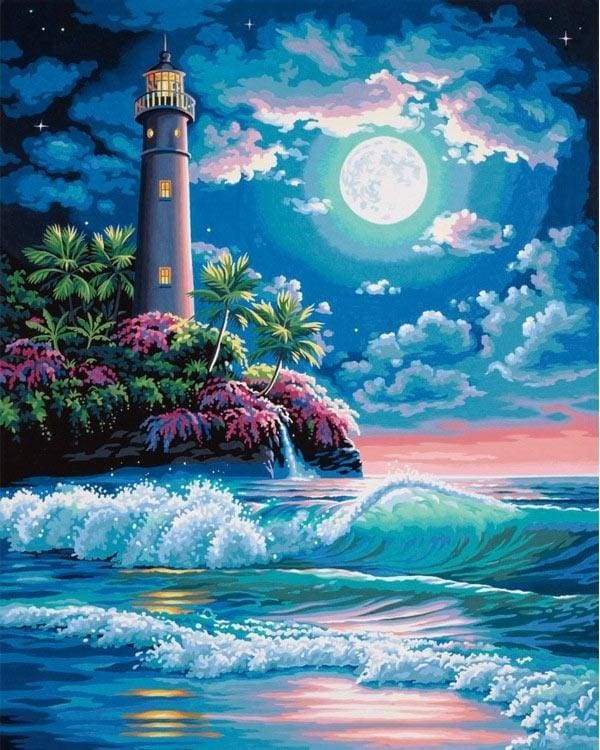 Lighthouse under a full moon