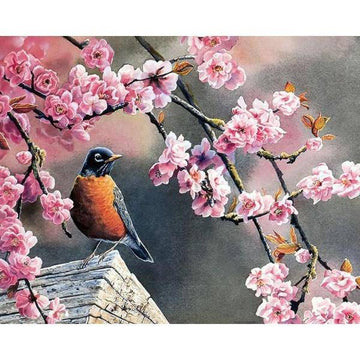Little Bird In Front Of Pink Flowers