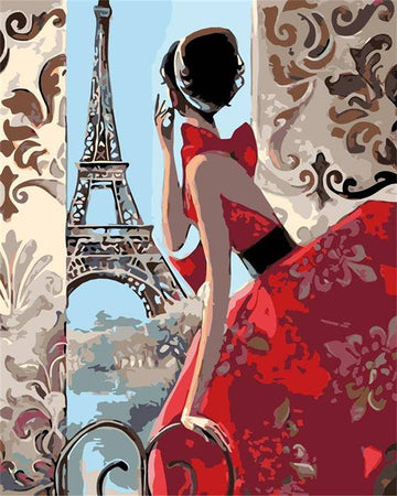 Red Dressed Women and Eiffel Tower