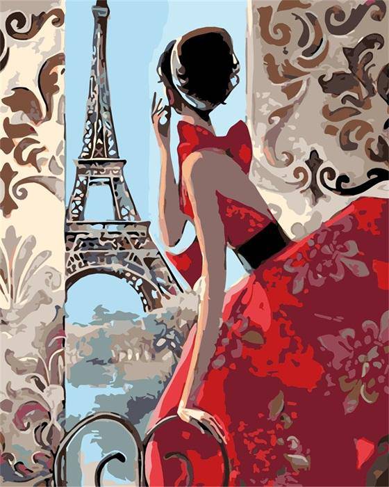 Red Dressed Women and Eiffel Tower