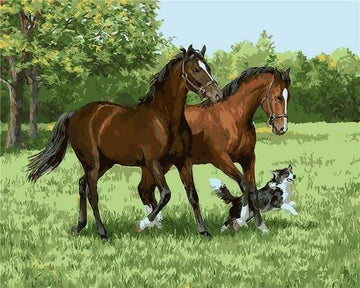 Two Horses And Dog