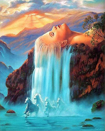 Waterfall and Horses