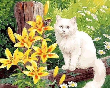 White Cat and Yellow Flowers