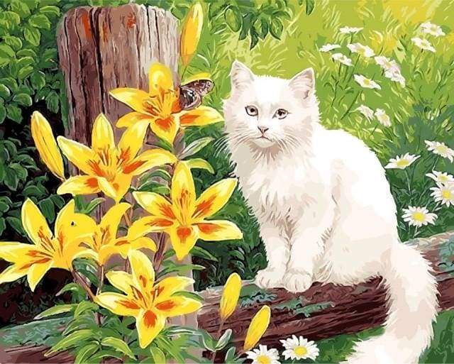 White Cat and Yellow Flowers