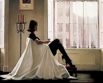 Woman looking through her window