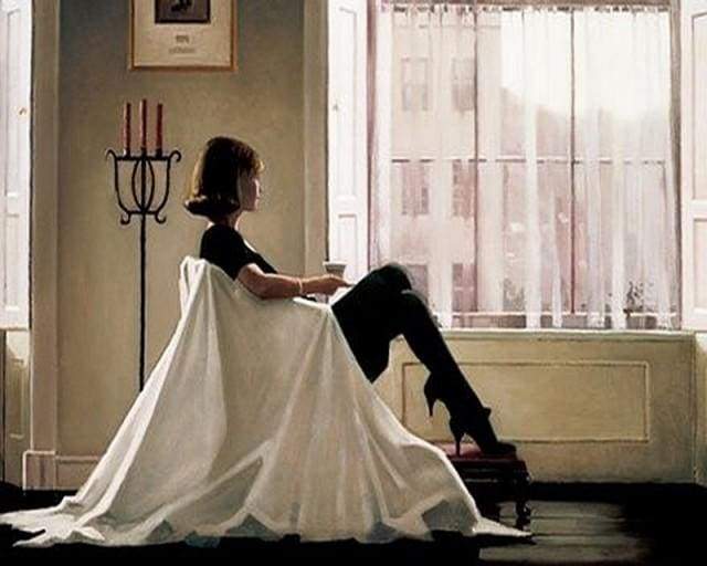 Woman looking through her window